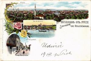 1900 Ruse, Rousse, Russe, Roustchouk; Vue du Danube, Rue Kniajesckaia / river Danube, street. A. Dimitroff No. 2310. Art Nouveau, floral, litho