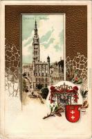 1903 Gdansk, Danzig; Rathaus / town hall, coat of arms. Passepartoutkarte Art Nouveau, Emb. floral, litho (EK)
