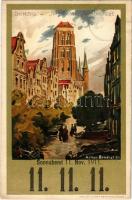 1911 Gdansk, Danzig; Jopengasse, Marienkirche. 11.11.11 Sonnabend / street, church. Clara Bernthal litho s: Arthur Bendrat