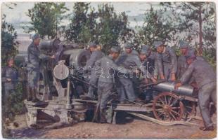 Weltkrieg 1914-1916. 30,5 cm Mörser. Zuführen des Geschosses / Világháború 1914-1915. 30,5-es mozsár, a löveg bevezetése, ágyú megtöltése / WWI Austro-Hungarian K.u.K. military art postcard, loading a 30,5 cm caliber mortar + "K.u.K. Reservespital No. 7. der 4. Armee" (kopott sarkak / worn corners)