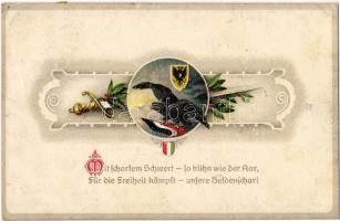 Mit Scharfem Schwert... / WWI German and Austro-Hungarian K.u.K. military, flags, Viribus Unitis propaganda, litho