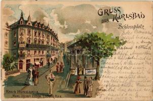 1900 Karlsbad, Karlovy Vary; Schlossplatz, Haus Hungaria Manl Hains Eidam, Ludwig Bar / square, hotel, bar. G. Schwaab litho