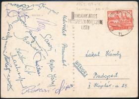 1962 Magyar futball válogatott tagjainak aláírása hazaküldött képeslapon
