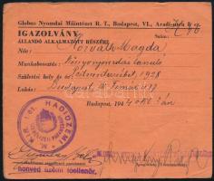 1944 Bp. VI., Globus Nyomdai Műintézet Rt. által kiállított igazolvány állandó alkalmazott részére