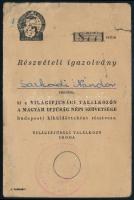 cca 1949 A Magyar Ifjúság Népi Szövetsége által kiállított részvételi igazolvány