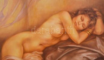 Csomor Katalin (1945- ): Női akt. Olaj, farost, jelzett, enyhén sérült fa keretben, 60×80 cm