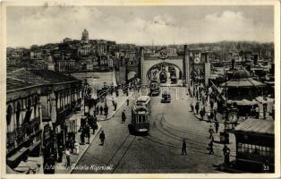 1935 Constantinople, Istanbul; Galata Köprüsü / street, bridge, trams