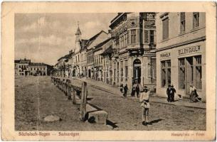 1918 Szászrégen, Reghin; Hauptplatz / Fő tér, Fränkel A., Ellek Gyula üzlete / main square, shops (fa)