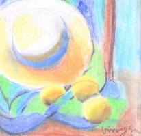 Vörös jelzéssel: Gyümölcsös-kalapos csendélet. Kréta, papír, keretben, 39×29 cm