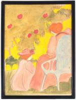 Rónai jelzéssel: Kertben. Vegyes technika, papír, üvegezett fa keretben, 39,5×29 cm