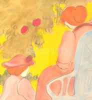 Rónai jelzéssel: Kertben. Vegyes technika, papír, üvegezett fa keretben, 39,5×29 cm