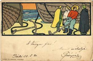 1899 Art Nouveau postcard, fishermen. Szénásy és Reimann. Dietrich & Co. litho (EK)