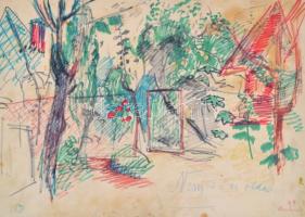 Molnár Róza (1900-1977): Tájkép vonattal és Kert (kétoldalas mű). Pasztell, filctoll, akvarell, papí...