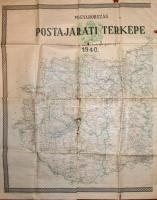 1940 Magyarország postajárati térképe: A nyugati országrész. Bp., M. Kir. Postavezérigazgatóság, (Klösz-ny.), szakadt, sérült, hajtásnyomokkal, 90x110 cm.