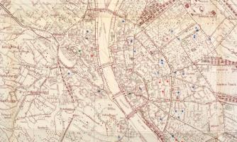 Budapest térképe, a főváros iskoláinak megjelölésével, kiadja: Magyar Földrajzi Intézet Rt., 49×63 c...