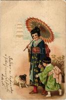 Asian lady with her child and dog. Emb. litho (Rb)