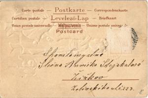 Asian lady with her child and dog. Emb. litho (Rb)