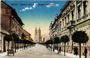 1916 Miskolc, Szemere utca, Mindszenti templom, villamospálya. Orosz Ferenc kiadása (EK)