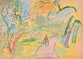 Molnár Róza (1900-1977): Zsennyei naplemente. Pasztell, filctoll, papír, jelzett, 30,5×42,5 cm
