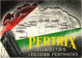 Pertrix világítás a legjobb fényhatás / Hungarian battery advertisement, irredenta art postcard