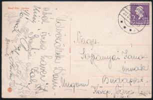 1936 Magyar amatőr válogatott labdarúgói által aláírt Dániából hazaküldött képeslap (Királyi, halas, Kőműves, Berta, stb.)