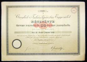 1926. "Czeglédi Takarékpénztár Egyesület" részvénye 50P-ről, szelvényekkel