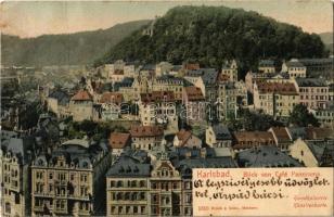 Karlsbad, Karlovy Vary; Blick von Café Panorama / view from the café. Handkolorirte Künstlerkarte (tear)