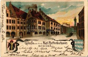 1903 München, Munich; Gruss aus dem Kgl. Hofbräuhaus! / royal brewery, beer hall, coat of arms, litho (small tear)