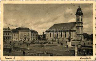 Szentes, Kossuth tér, villanyoszlop, Református templom, piac (EK)