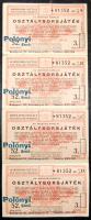 1944. "52. Magyar Királyi Osztálysorsjáték" 1/8 sorsjegye kék "Polónyi Ernő.." bélyegzővel, 4-es összefüggő, függőleges csíkban T:összefüggéseknél hajtott, egyébként I