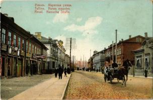 Tallinn, Reval; Narwa maantee / Narvsche Strasse / street, shops, horse cart