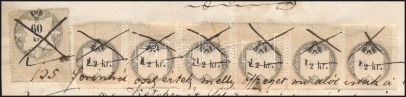 1862 1/2kr okmánybélyeg hatoscsík, fordított állású értékszámmal + 60kr okmánybélyeg érdekes  okmány...