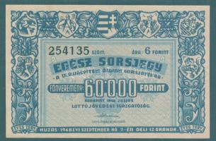 1948. "IX. Állami Sorsjáték" egész sorsjegy 60.000Ft-ról T:I