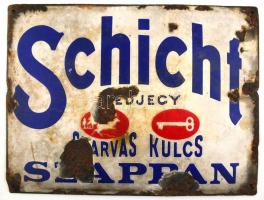 cca 1930 Schicht szappan zománc reklám tábla, sérült. 41x30 cm