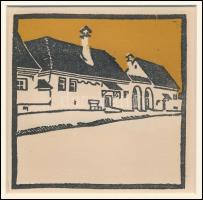 Kós Károly (1883-1977): Utcakép, színes linómetszet, papír, jelzés nélkül, paszpartuban, 12×12 cm