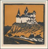 Kós Károly (1883-1977): Vár, színes linómetszet, papír, jelzés nélkül, paszpartuban, 12×12 cm