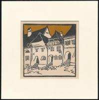 Kós Károly (1883-1977): Házak, színes linómetszet, papír, jelzés nélkül, paszpartuban, 12×12 cm