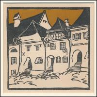 Kós Károly (1883-1977): Házak, színes linómetszet, papír, jelzés nélkül, paszpartuban, 12×12 cm