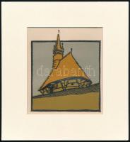 Kós Károly (1883-1977): Templom, színes linómetszet, papír, jelzés nélkül, paszpartuban, 12×12 cm