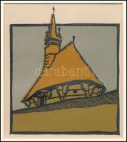 Kós Károly (1883-1977): Templom, színes linómetszet, papír, jelzés nélkül, paszpartuban, 12×12 cm