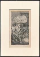 Kondor Béla (1931-1972): Ágyban. Rézkarc, papír, utólagos jelzéssel, paszpartuban, 15×8 cm