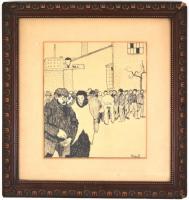 Pólya T. jelzéssel: Gyár előtt, tus, papír, enyhén sérült és foltos, üvegezett, sérült fa keretben. ...