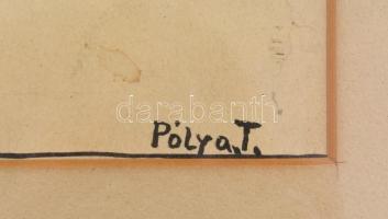 Pólya T. jelzéssel: Gyár előtt, tus, papír, enyhén sérült és foltos, üvegezett, sérült fa keretben. ...