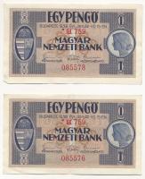 1938. 1P (2x) egyugrásos sorszámkövetők T:II sarokhajlások Hungary 1938. 1 Pengő (2x) sequential serials with leap C:XF  Adamo P1