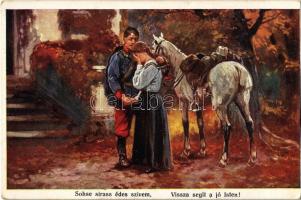Sohse sirass édes szívem - visszasegít a jó Isten! / WWI Austro-Hungarian K.u.K. military, soldiers farewell, romantic couple with horse. A.F.W. III/2. 636.