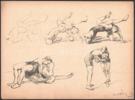 Sportjelenetek (boksz, birkózás, futball), Arató grafikáinak nyomata, 3 db, 22×30 cm