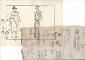 Jelzés nélkül: Divatrajzok, 12 db. Vegyes technika, papír, 23×16 és 31×23 cm