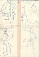 Jelzés nélkül: Divatrajzok, 12 db. Vegyes technika, papír, 23×16 és 31×23 cm