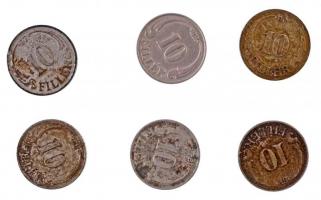 1927-1938. 10f Cu-Ni (6db, 5xklf) T:1--3- patina