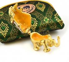 Szétnyitható aranyszínű fém elefánt + elefántos selyem pénztárca, 4,5×3 és 9×6,5 cm